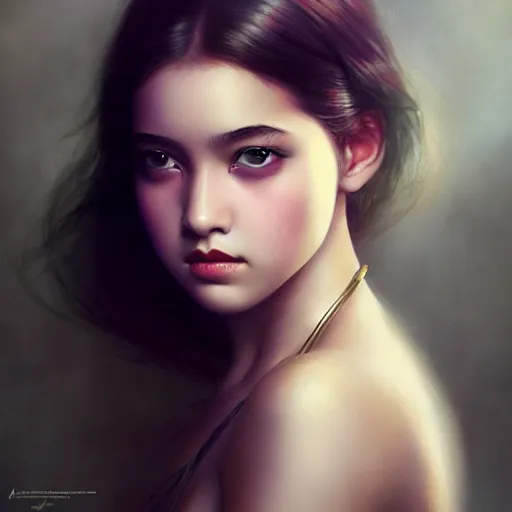 Prompt: stunning beauty attractive assamese young teen girl ; portrait by artgerm and tom bagshaw ; trending on artstation ; award winning, vulnerable sultry seductive pinup pose ; cinematic natural dramatic lighting, studio photography by annie leibovitz