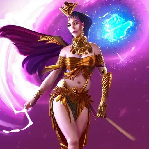 Prompt: a beautiful female god character from hades game, full pose, centered, rim lights, highly detailed vector art, dynamic lights, particles and crystals are flying, 4k