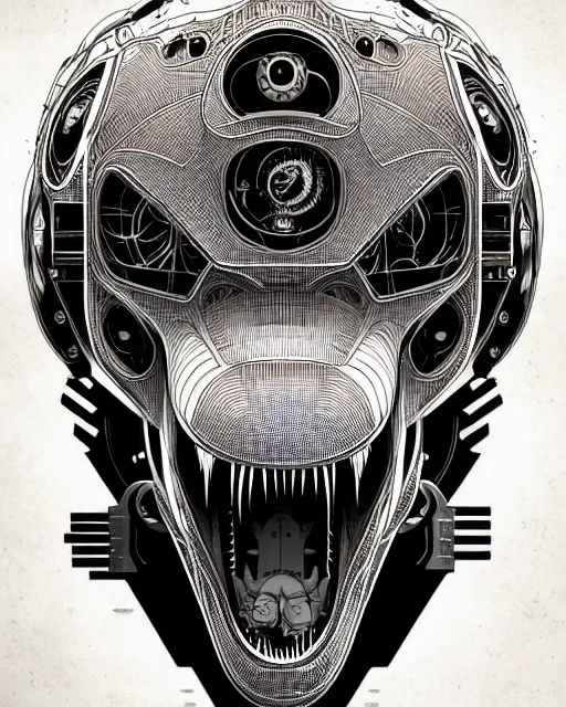 Image similar to a symmetrical illustration intricate mechanical robot trex dinosaur head, transformer, high details, symmetrical illustration, bold line art, by vincent di fate, kim jung gi, joe fenton, inking, scifi, screen print, character concept art, trending on art station, sharp, high contrast, ultrafine hyper detailed, hd, 4 k, 8 k