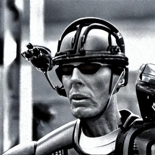 Image similar to award winning photograph of peter weller as robocop, yelling at little league game