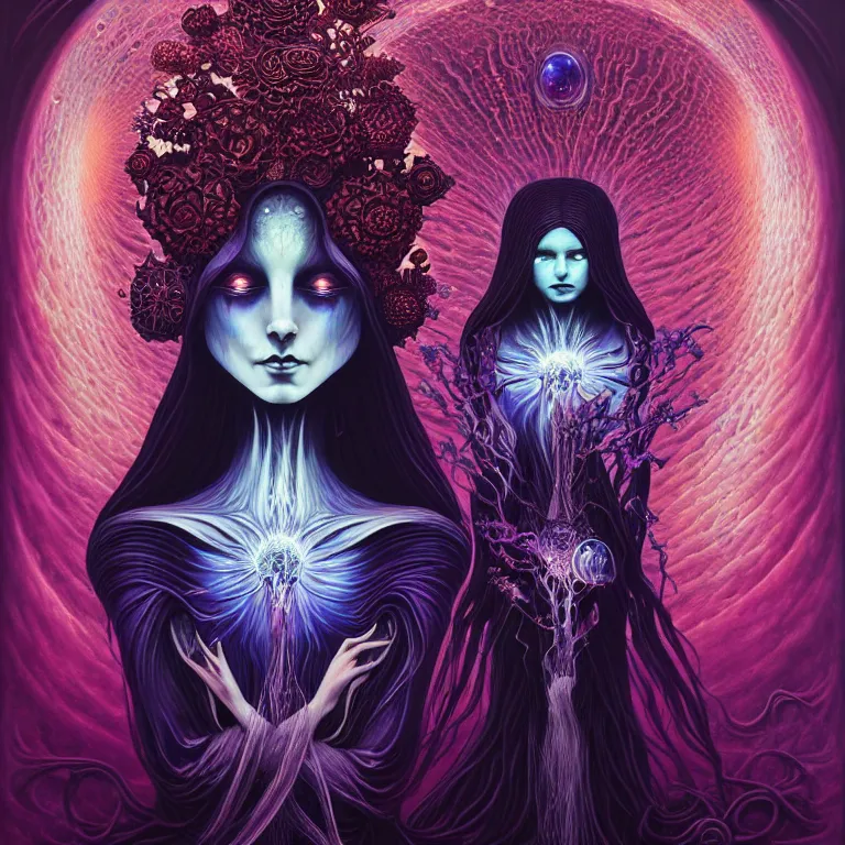 Image similar to stunning otherworldly gothic goddess of beauty magic the gathering, stars of spirit, by peter rohrabacher annatto finnstark | worldly flowers by leiko ikemura, and ilya kuvshinov | sparkling atom fractals of jewls cords, by alex grey and hr giger