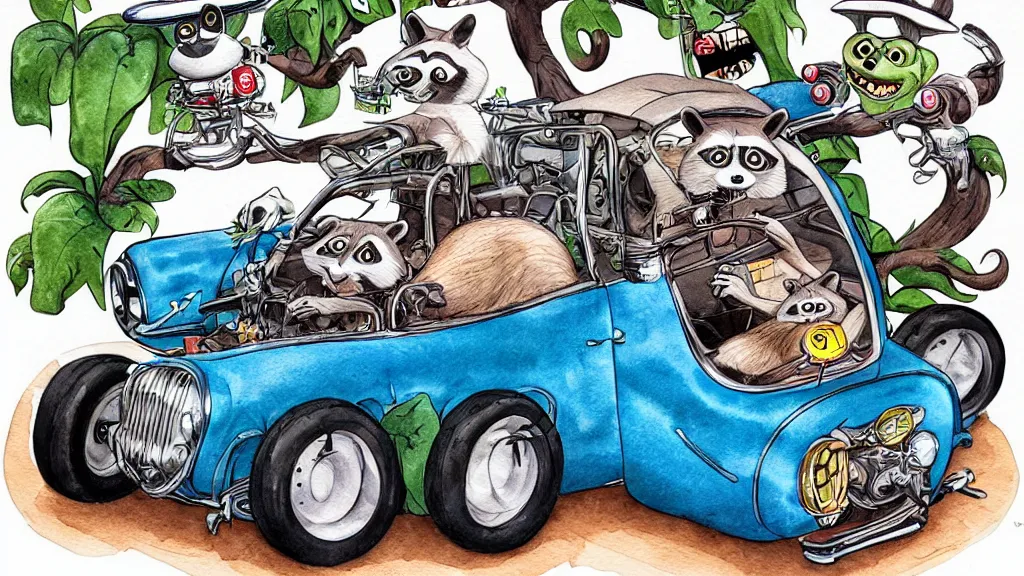 Image similar to cute and funny, racoon riding in a tiny hot rod coupe with oversized engine, ratfink style by ed roth, centered award winning watercolor pen illustration, by james nyika, edited by range murata