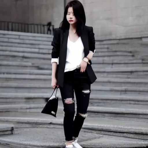 Image similar to korean outfit style black blazer, white tshirt, black jean and black yeezy 450 dark slate in real life, pinterest, 4k high quality