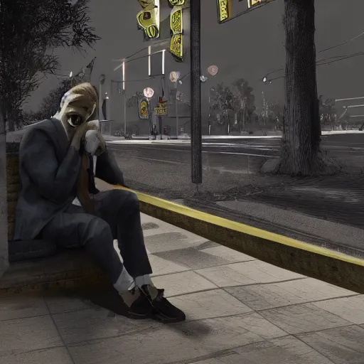 Prompt: A stunning digital masterpiece of a drunk man, he is blacked out under a bus stop, artstation