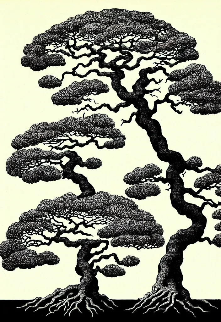 Image similar to prompt: white Bonsai tree roots merging into big moon drawn by Rene Magritte, Japanese woodblock print style, clean ink detailed line drawing, intricate detail, manga 1990