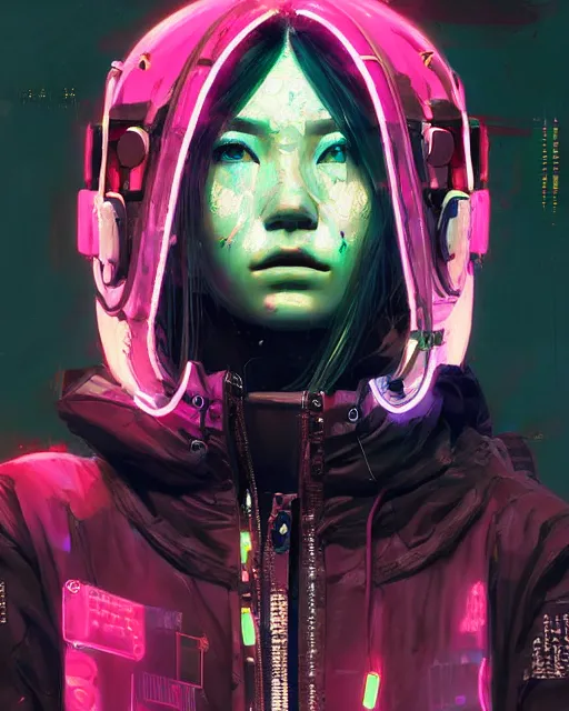 Image similar to detailed portrait Neon Operator Girl, cyberpunk futuristic neon, reflective puffy coat, decorated with traditional Japanese ornaments by Ismail inceoglu dragan bibin hans thoma greg rutkowski Alexandros Pyromallis Nekro Rene Maritte Illustrated, Perfect face, fine details, realistic shaded, fine-face, pretty face