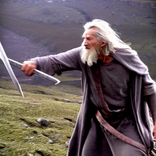 Image similar to Liam Neeson as Gandalf in the fellowship of the ring action sequence battle at Minas Tirith