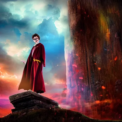 Image similar to Harry potter levitating, holding wand, colorful magic, back view, thunderclouds, cinematic shot, wide shot, epic scale, waving robe movement, photorealistic detail and quality, intricate ground stone, movie still, nighttime, crescent moon, sharp and clear, action shot, intense scene, visually coherent, symmetry, rule of thirds, movement, vivid colors, cool colors transitioning to warm colors, award winning, directed by Steven Spielberg, Christopher Nolan, Tooth Wu, Asher Duran, Greg Rutkowski
