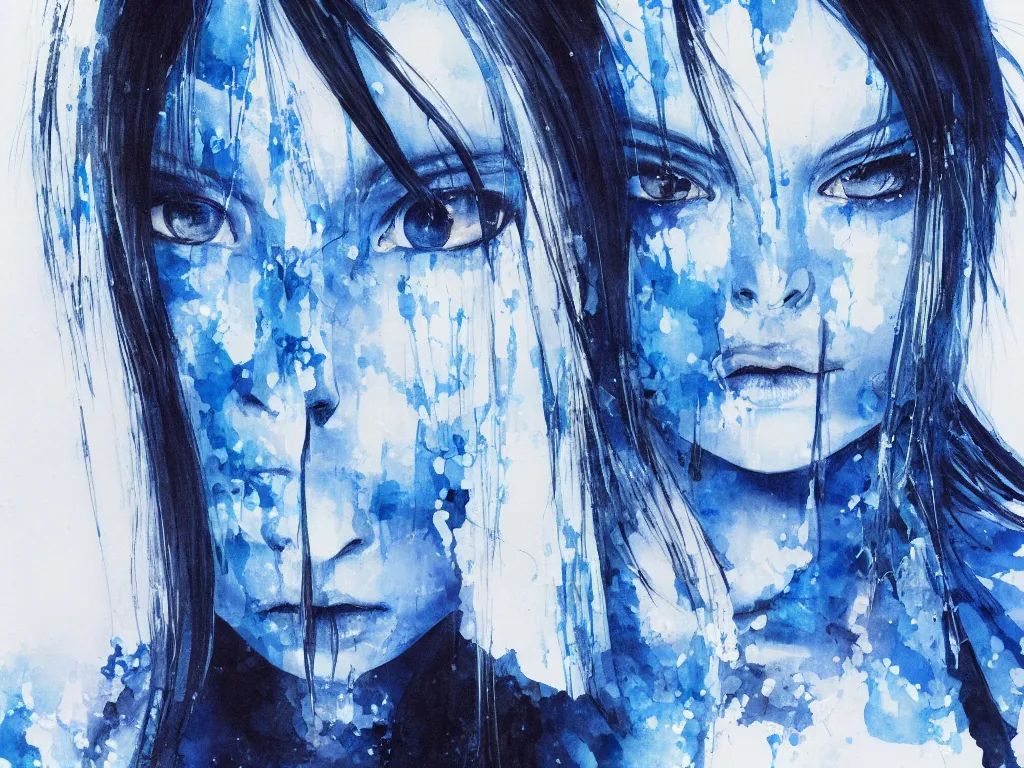 Image similar to the piercing blue eyed stare of yuki onna, freezing blue skin, painted in watercolor by yoji shinkawa, asymmetric, rule of thirds