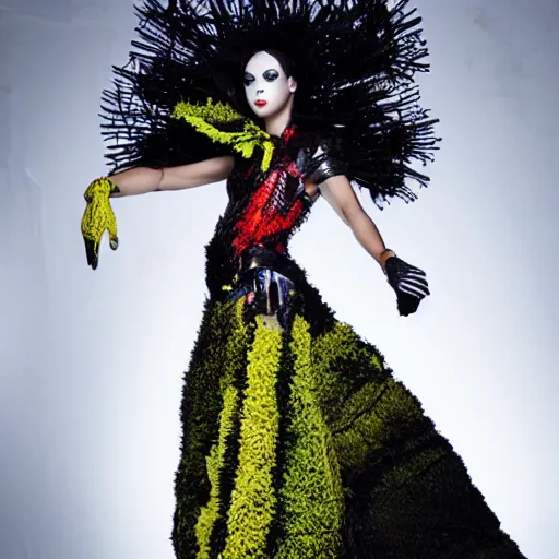 Image similar to a photo of a model wearing avant garde outfit by rocky gathercole