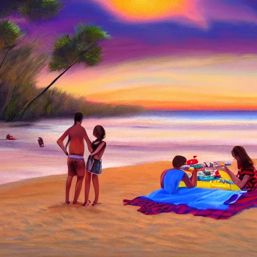 Prompt: Painting of a picnic on the beach at sunset, Greg rutoski style, WLD, digital masterpiece, highly detailed, 4K, oil painting on canvas