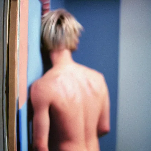 Prompt: kodak portra 4 0 0 photograph of a skinny blonde guy standing in cluttered 9 0 s bedroom, back view, moody lighting, telephoto, 9 0 s vibe, blurry background, vaporwave colors, faded!,