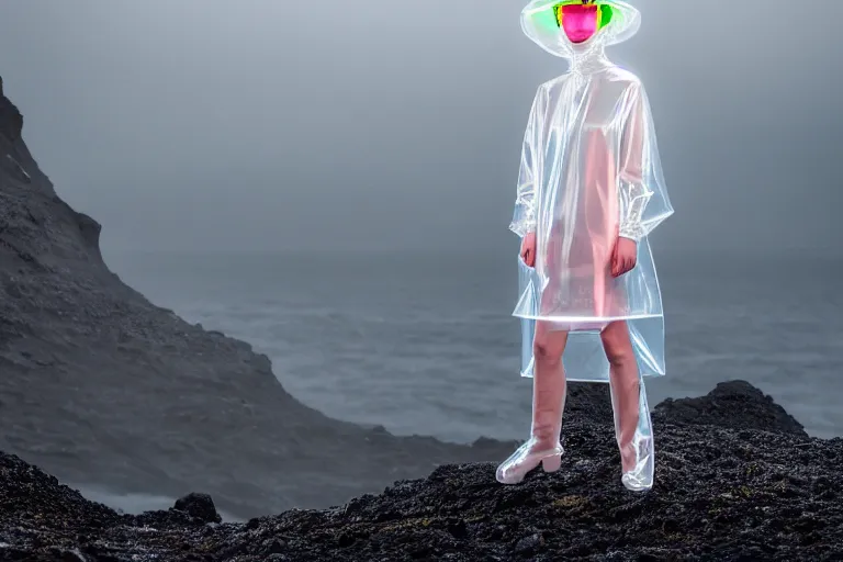 Image similar to an ultra high definition professional high fashion portrait studio full length photograph of a model wearing a transparent pearlescent raincoat and neon visor in an icelandic black rock environment at dawn. no artefacts. extremely detailed. stark. shallow depth of field. volumetric light and shadow. ray tracing. light ray.