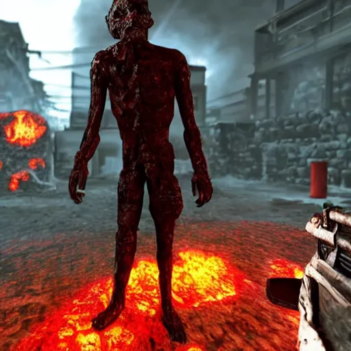 Prompt: Obama standing in the lava next to the packapunch on the town zombies map, black ops 2 zombies