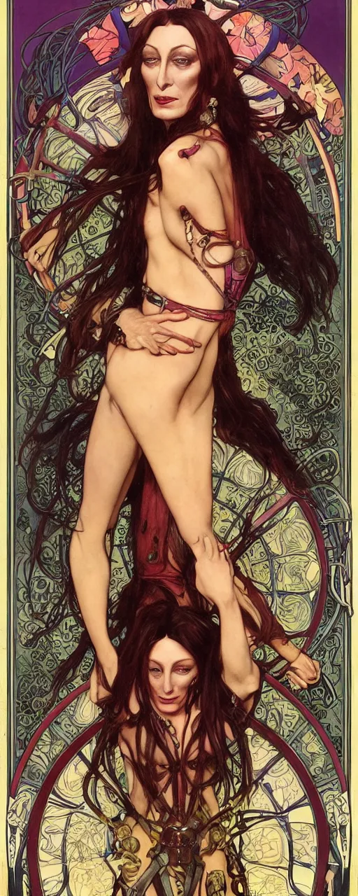 Image similar to striking sensual colorful art nouveau style portrait of anjelica huston as an industrial leatherpunk rebel commander by glenn fabry, simon bisley and alphonse mucha, photorealism, extremely hyperdetailed, perfect symmetrical facial features, perfect anatomy, ornate declotage, spikes, latex, excited expression, wild eyes