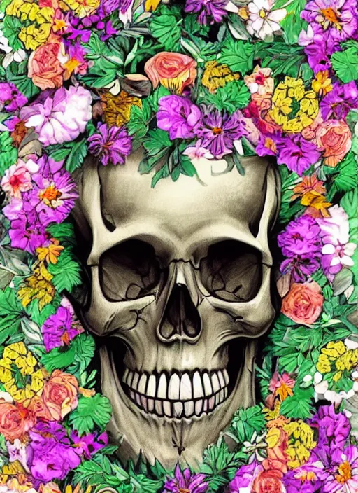 Prompt: A skull surrounded by flowers, digital art, trending on Artstation, ornate