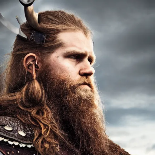 Image similar to hyperrealistic photograph of a brown-haired viking, 8k, profile picture, cinematic, high contrast, epic real fantasy, stoic facial expression, looking at the camera