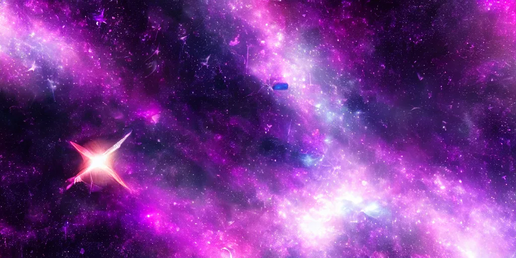 Image similar to magenta amethyst planet with falling spaceship above, 🌌, sparkling stars, kaleidoscopic, 8k, high detail, wide shot