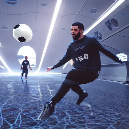 Image similar to Drake playing soccer on a spaceship. Hyper detailed, 8k, photography, realistic, octane render, unreal engine, ray traced