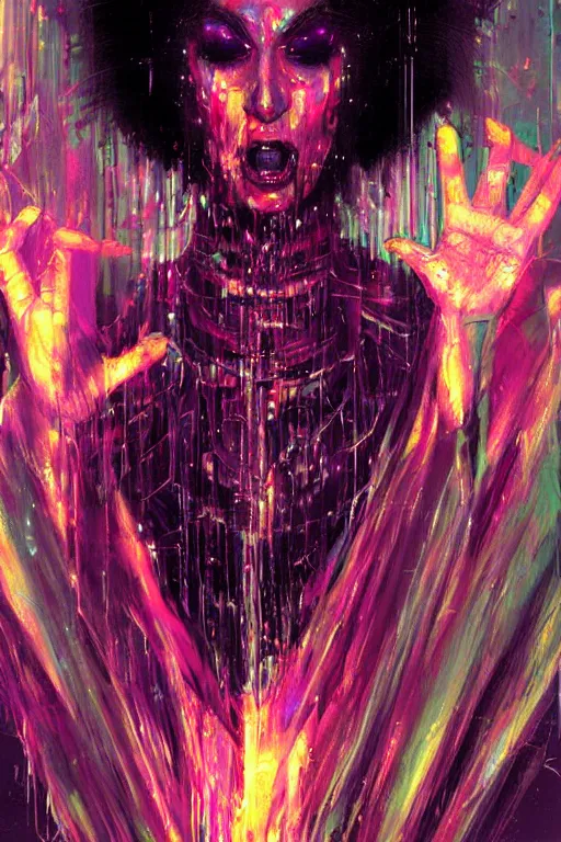 Prompt: portrait, headshot, digital painting, an beautiful techno - shaman lady in circuit electronic mask, screaming, translucent, shiny, pearlescent, synthwave, glitch, fracture,, realistic, hyperdetailed, chiaroscuro, concept art, art by john berkey