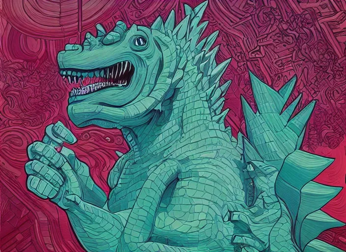 Prompt: godzilla vs. gumby painting, tristan eaton, victo ngai, artgerm, rhads, ross draws