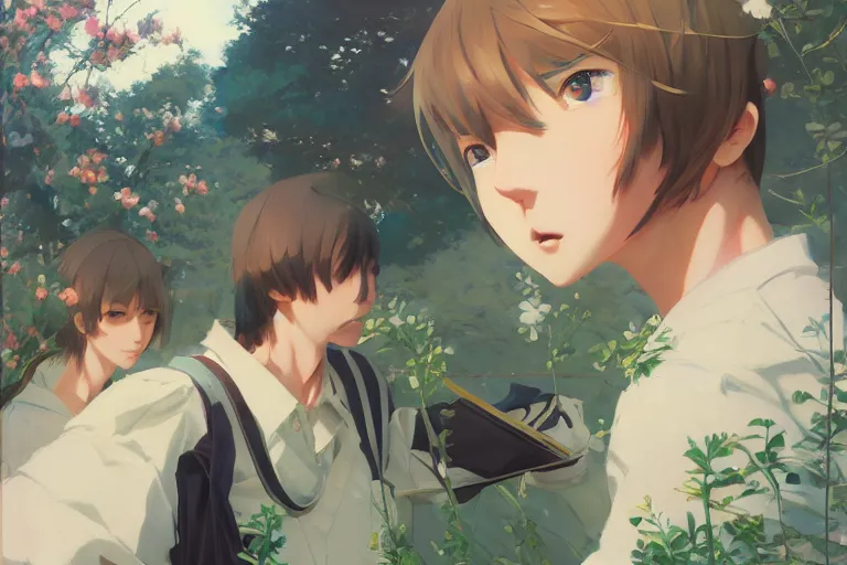 Prompt: boy's love anime high school scene spring setting, high detail concept art, perfect proportions fine face, realistic shaded lighting poster ilya kuvshinov, katsuhiro, jeremy lipkin and michael germash, makoto shinkai, loish and clamp style, trending on art station, best selling artist