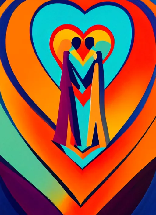 Image similar to 1 px color ink art by santiago calatrava, perfectly centered symmetrical balanced male and female portrait of man and woman in love sharing one heart. high coherence ; fractal geometrical 8 k ultra hd