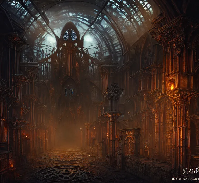 Image similar to steam necropolis, memento mori, gothic, neo - gothic, art nouveau, hyperdetailed copper patina medieval icon, stefan morrell, philippe druillet, ralph mcquarrie, concept art, steampunk, unreal engine, detailed intricate environment, octane render, moody atmospherics, volumetric lighting, ultrasharp, ominous, otherworldly