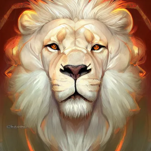 Image similar to aesthetic portrait commission of a albino male furry anthro lion wearing caveman clothing, cozy atmosphere, hyperdetailed. character design by charlie bowater, ross tran, artgerm, and makoto shinkai, detailed, inked, western comic book art, 2 0 2 1 award winning painting