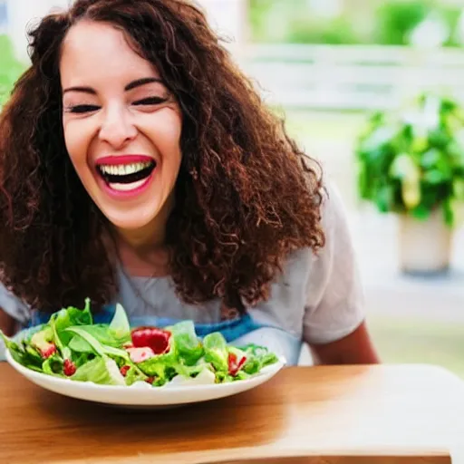 Image similar to Stock photo of woman eating salad and laughing