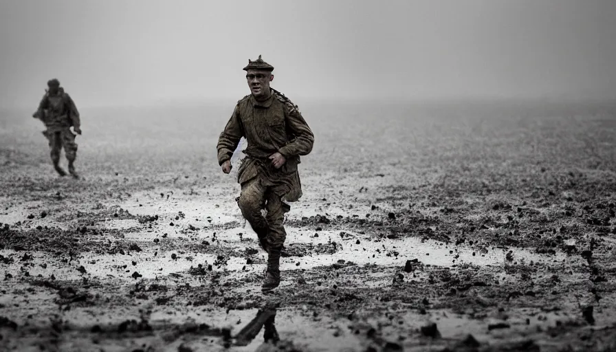 Image similar to screaming World War 1 soldier running away, wartorn landscape, lots of mud puddles and craters, bullets whizzing past camera, atmospheric, dirty lens, cinematic lighting, IMAX close-up of face, cinematography, 35mm