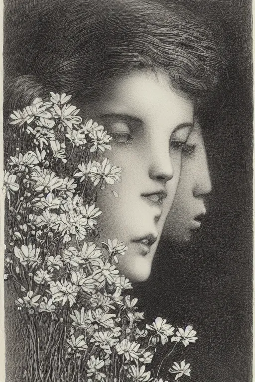 Image similar to black and white, women faces in flowers, Gustave Dore lithography