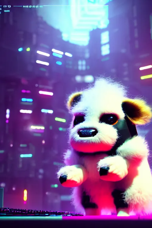 Image similar to high quality 3 d render very cute neuromancer fluffy! mutant cow playing! keyboard!!, highly detailed, unreal engine cinematic smooth, in the style of blade runner & detective pikachu, hannah yata charlie immer, moody light, low angle, uhd 8 k, sharp focus