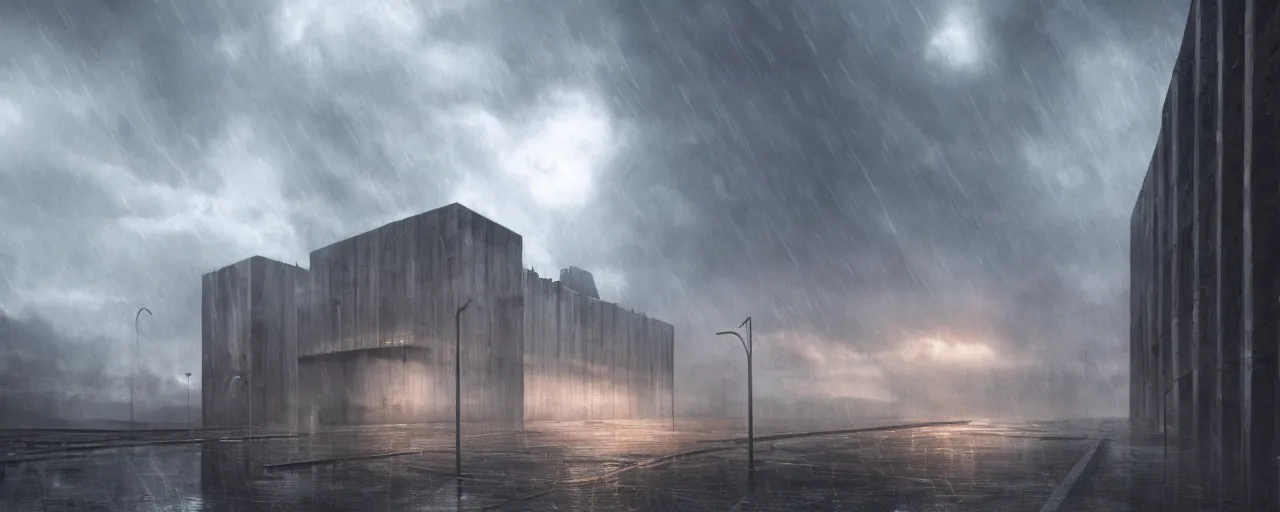 Image similar to brutalist architecture, steel, concrete, mist, heavy rain, night, dramatic lighting, lightning bolt, trending on Artstation, 8k, highly realistic, hyper detailed, unreal engine 5, IMAX quality, realistic, cinematic, epic lighting, realistic, in the style of Greg Rutkowski