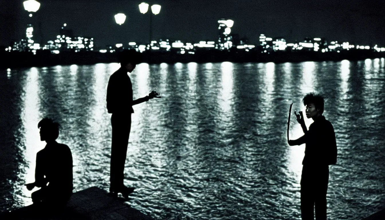 Image similar to 80s asian neon movie still with a man smoking cigarette by the river at night with city lights behind his back. Fallen angels movie still. hyperrealistic, high definition, medium format photography, highly detailed, tehnicolor