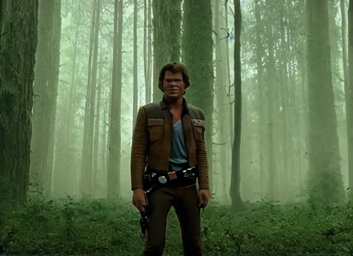 Image similar to screenshot of portrait Han Solo surrounded by wookies on forest planet, iconic scene from 1970s film by Stanley Kubrick, the lost Star Wars Film, moody hazy lighting, stunning cinematography, hyper-detailed, crisp, anamorphic lenses, kodak color film stock, 4k, very detailed, hyper real render