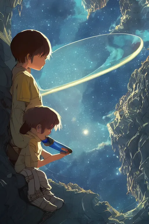 Prompt: a boy admiring a glimmering glass pipe containing the majestic stairways to otherworldly galaxies, high intricate details, rule of thirds, golden ratio, cinematic light, 8 k, octane render, anime style, graphic novel by fiona staples and dustin nguyen, art by beaststars and orange, peter elson, alan bean, studio ghibli, makoto shinkai