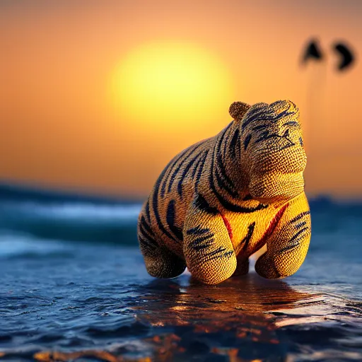 Image similar to a closeup photorealistic photograph of a cute smiling knitted tiger hippopotamus chasing a beachball during sunset. surf in background. professional capture. this 4 k hd image is trending on artstation, featured on behance, well - rendered, extra crisp, features intricate detail, epic composition and the style of unreal engine.