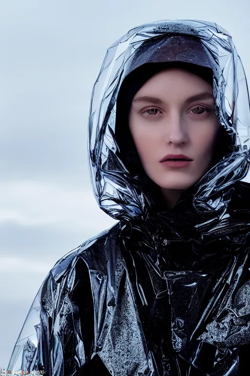 Image similar to an ultra high definition professional high fashion portrait studio full length photograph of a model wearing a transparent pearlescent raincoat and neon visor in an icelandic black rock environment at dawn. no artefacts. extremely detailed. stark. refraction. shallow depth of field. volumetric light and shadow. ray tracing. light rays.