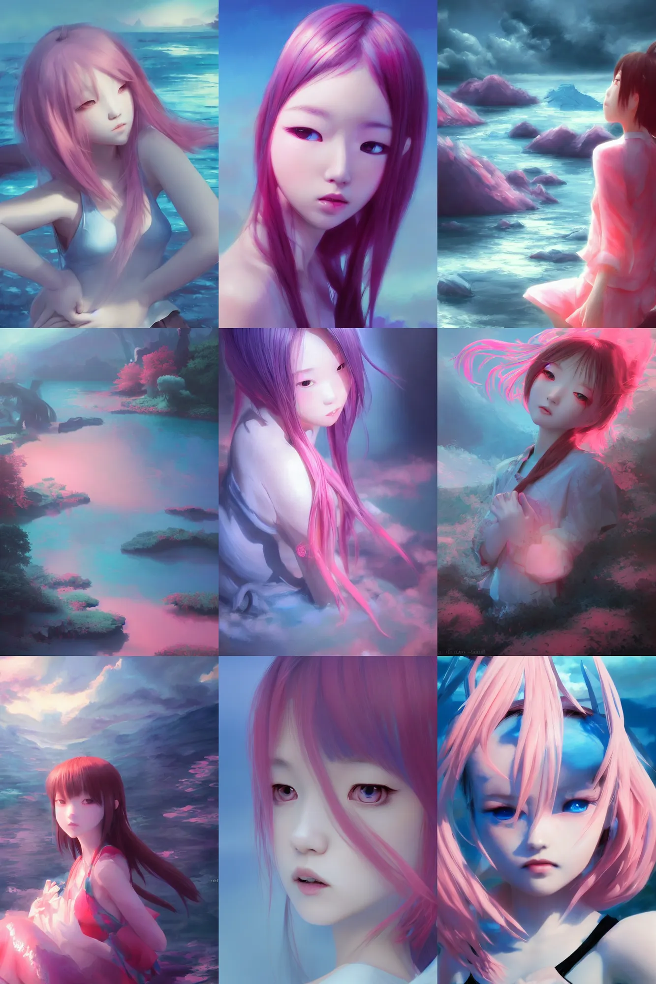 Prompt: 3d dark infrared octane render concept of landscape art by D. Jun, by Mo Xiang Tong Xiu, by Igarashi Daisuke, beauty anime schoolgirl under dark pink and blue water. cute face. dramatic light, trending on artstation, oil painting.