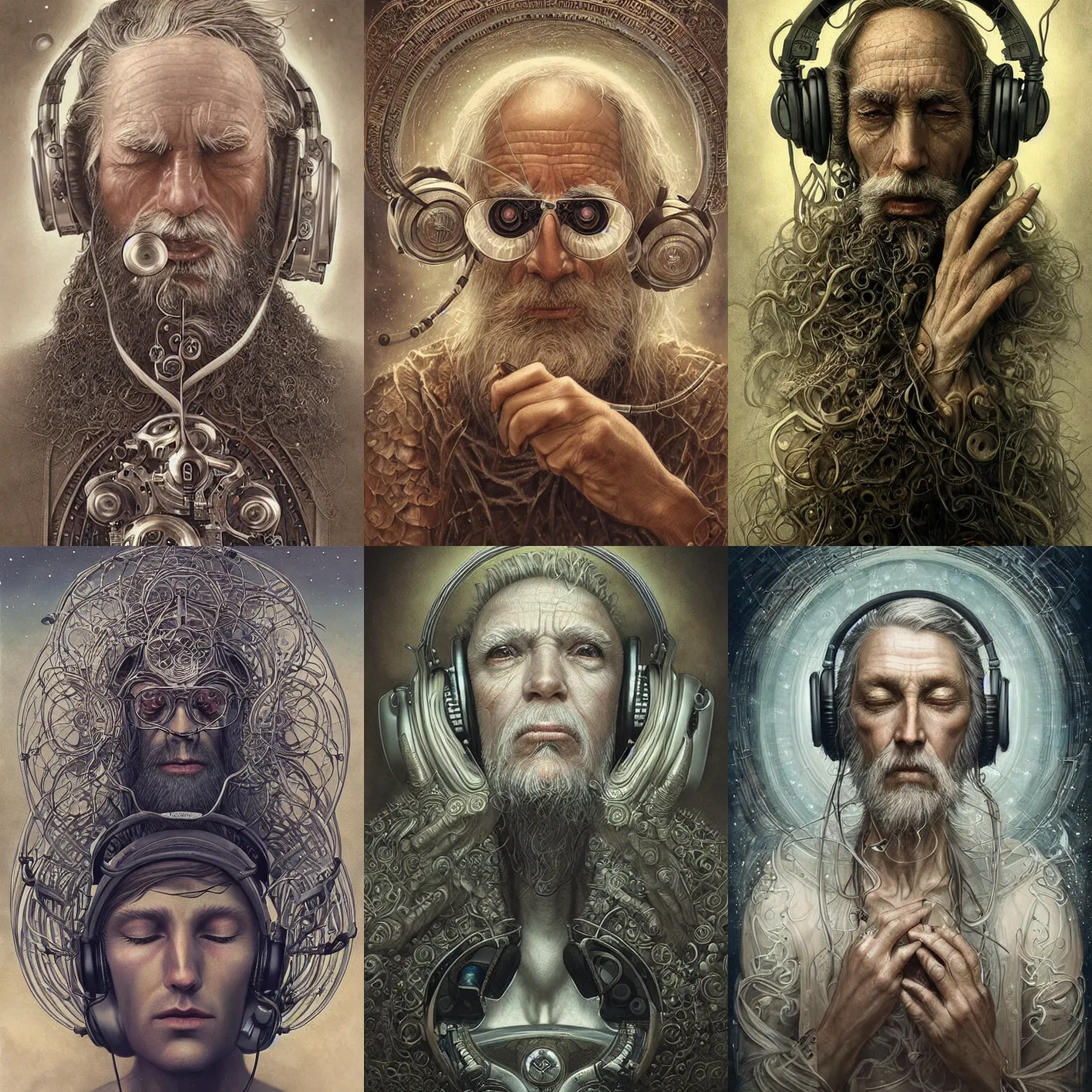 Prompt: old wizard listening to godly music, mechanical headphones, ancient, futuristic, closed eyes, highly detailed, perfect proportions, highly intricate, art by tom bagshaw and alex gray