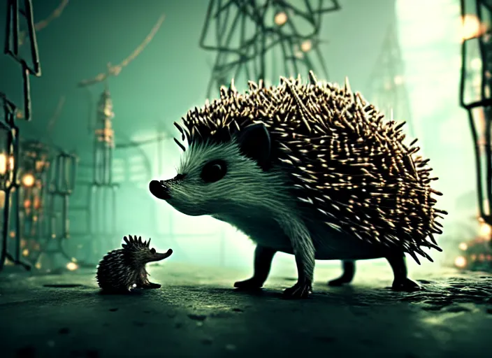 Image similar to intricate hedgehog with nails instead of needles, on the background of a weird magical mechanical forest. Very detailed 8k. Fantasy cyberpunk horror. Sharp. Cinematic post-processing. Unreal engine. Nanite. Ray tracing. Parallax. Tessellation