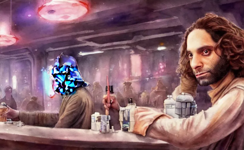 Prompt: an accurate realistic star wars watercolor fantasy concept art of a drug dealer that looks like chris d'elia looking crazy in a sleazy futuristic bar of coruscant, hq, 4 k