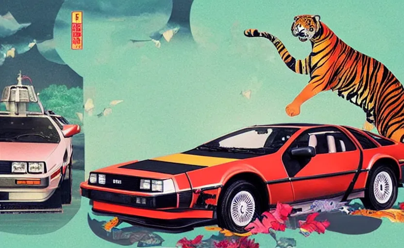 Image similar to a red delorean with a giant yellow tiger, art by hsiao - ron cheng and utagawa kunisada in a magazine collage, # de 9 5 f 0