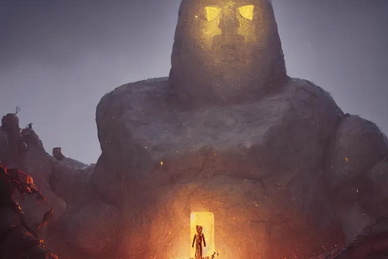 Prompt: giant golem made of stone and crystal, with a gold spear, keeping the entrance of an antic civilisation sanctuary, cinematic light, digital painting by wlop, atmospheric effects, fireflies, 4 k, octane render, artstation, deviantart