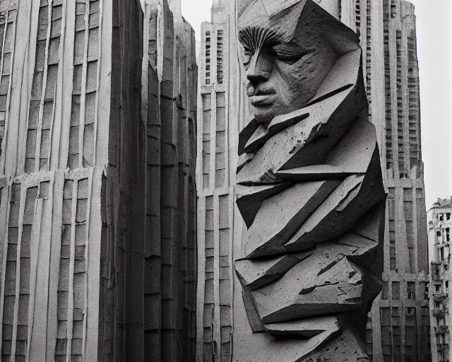 Image similar to by francis bacon, vivian maier, mystical redscale photography evocative. an intricate fractal concrete carved sculpture of the secret faces of god, standing in a city center.