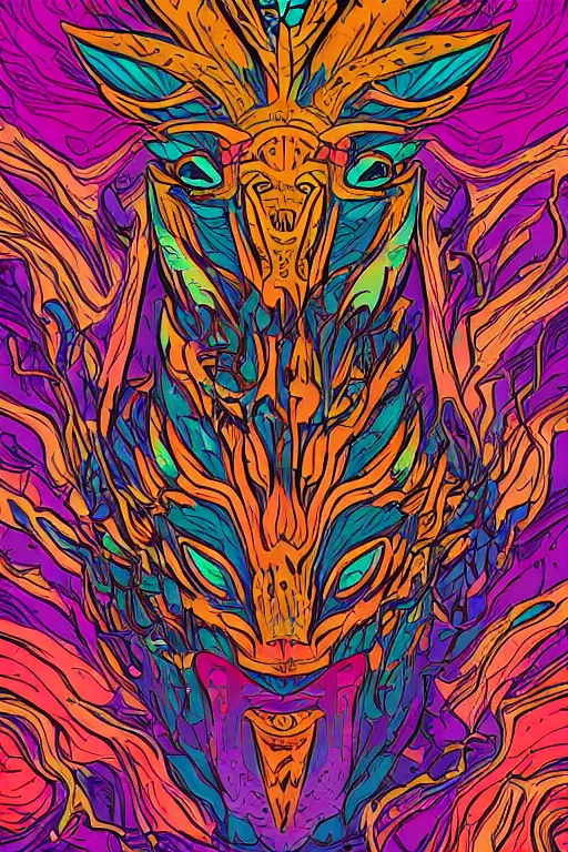 Image similar to animal mask totem roots flower tribal feather gemstone plant wood rock shaman vodoo video game vector cutout illustration vivid multicolor borderlands comics by josan gonzales and dan mumford radiating a glowing aura