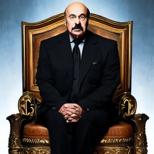 Prompt: a photograph of dr. phil as an evil supervillain, wearing all black, sitting in a throne