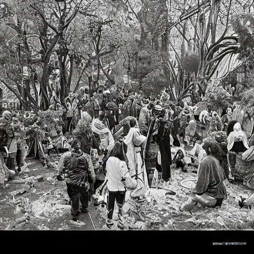 Prompt: pagan ritual on the streets of san francisco in the 1 9 7 0 s, covered in vegetation, highly detailed smooth digital art masterpiece