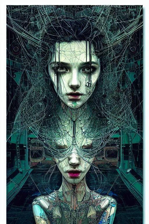 Image similar to dreamy cyberpunk girl, abstract mirrors, digital nodes, beautiful woman, detailed acrylic, grunge, intricate complexity, by dan mumford and by alberto giacometti, arthur rackham